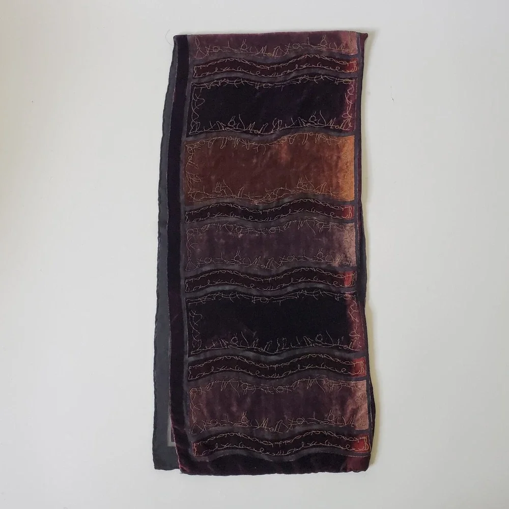 Stitched Velvet Burnout Rectangle Scarf Earthy Jewel Tone‎ Artsy Goth Witchy